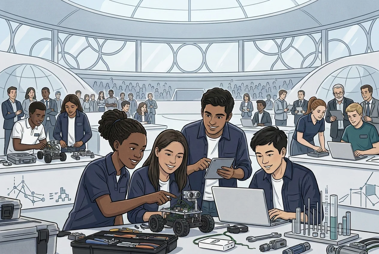 Young innovators from around the world collaborate on robots in an international STEM competition arena.