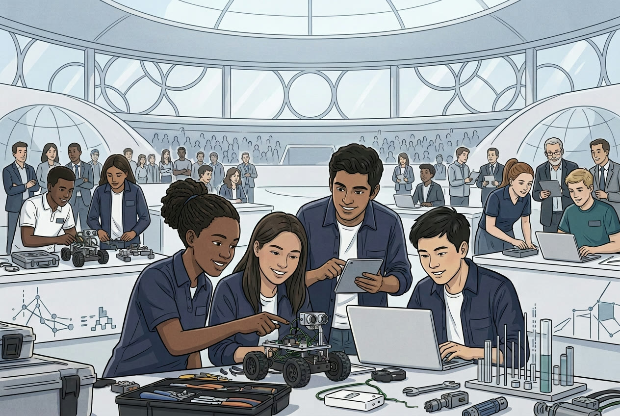 A diverse international team of young innovators collaborates on a competition robot in a bright arena while mentors and other teams work nearby.