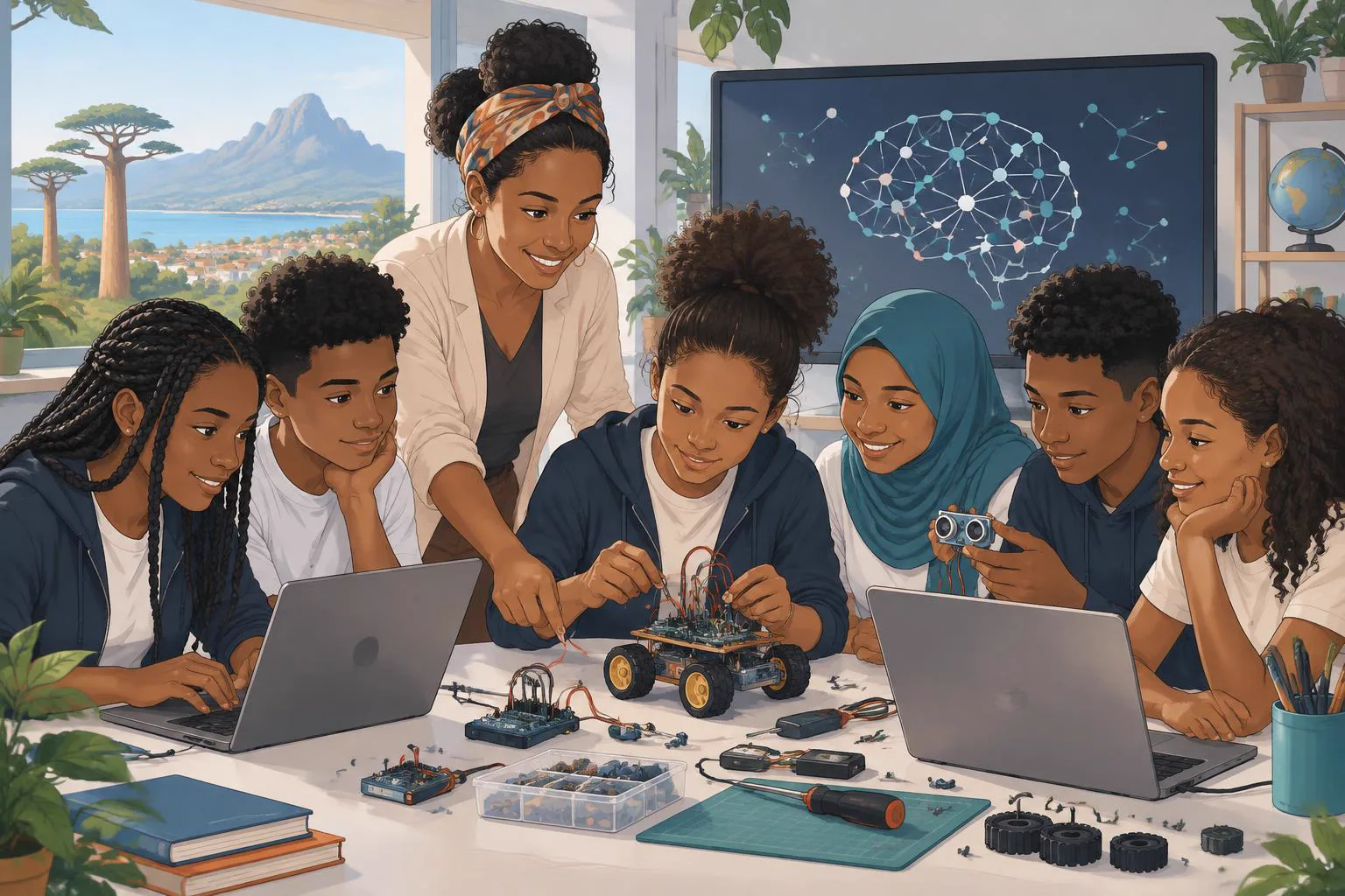 An educator and teenagers collaborate on coding and a small robot in a community classroom.