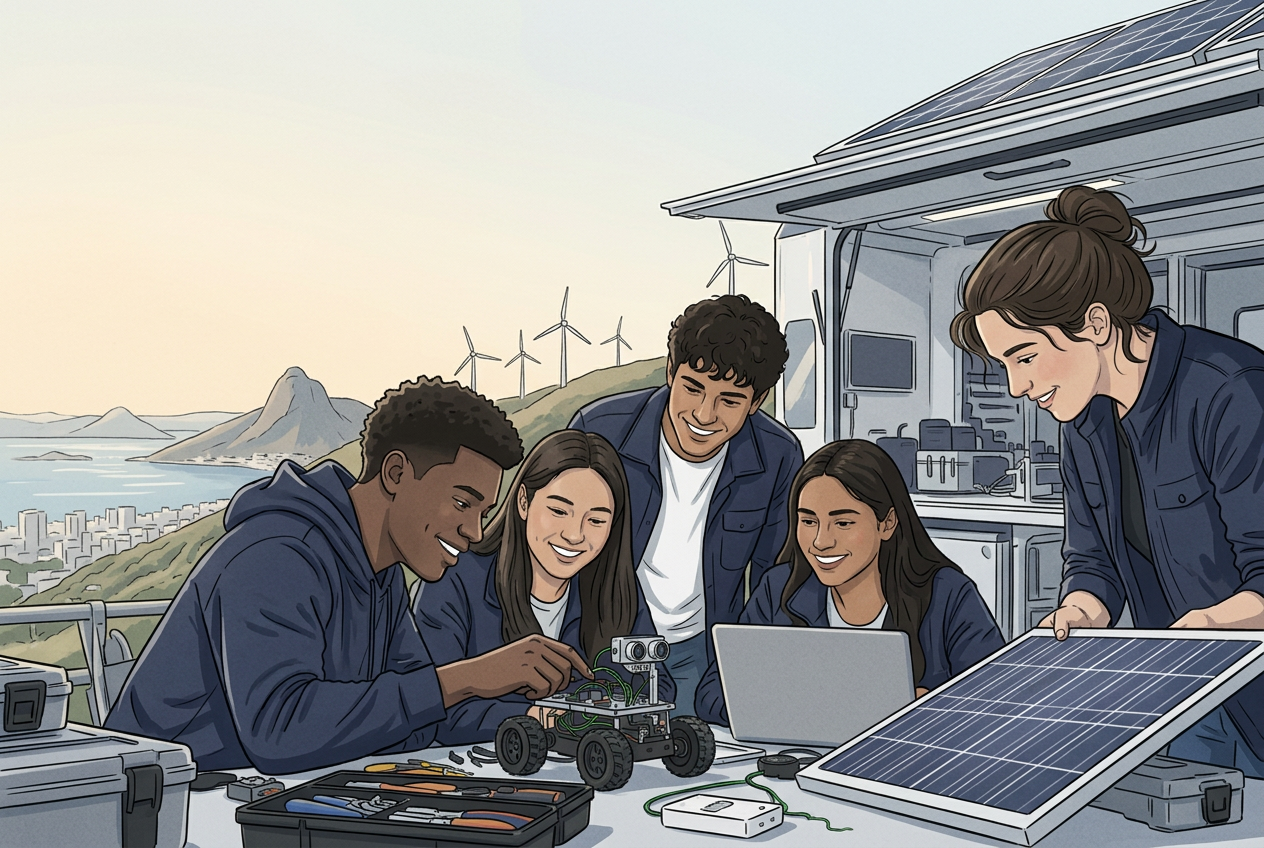 Five young innovators collaborate around a small wheeled robot and laptop beside solar panels, with wind turbines and a coastal community in the background.